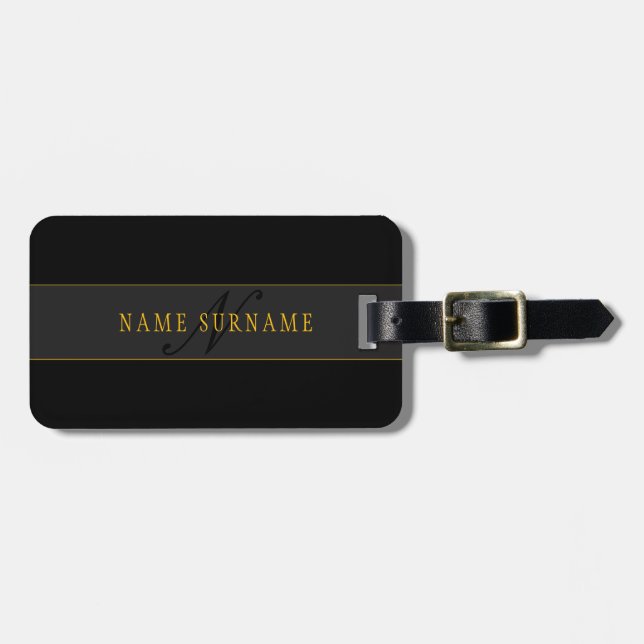 Elegant skriptmonogram Svart & Guld Bagagebricka (Horisontell Framsida)
