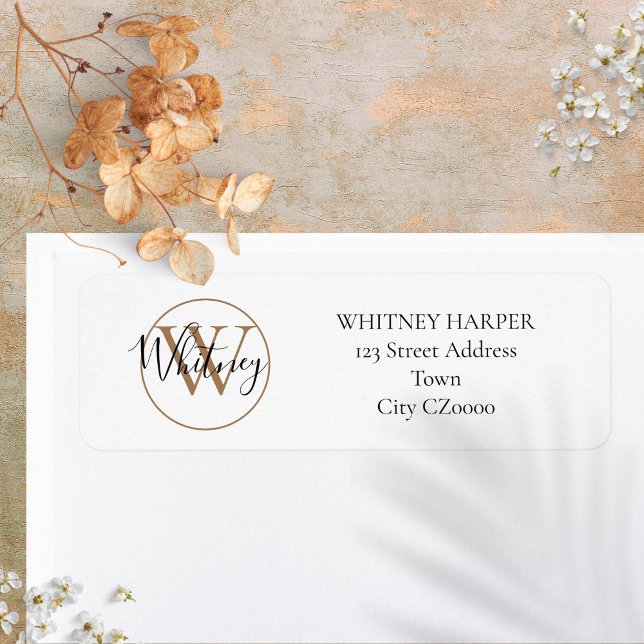Elegant skriptmonogram Svart Vitt Guld Adress  Returadress Etikett (Elegant Script Monogram Black White Gold Address Label)