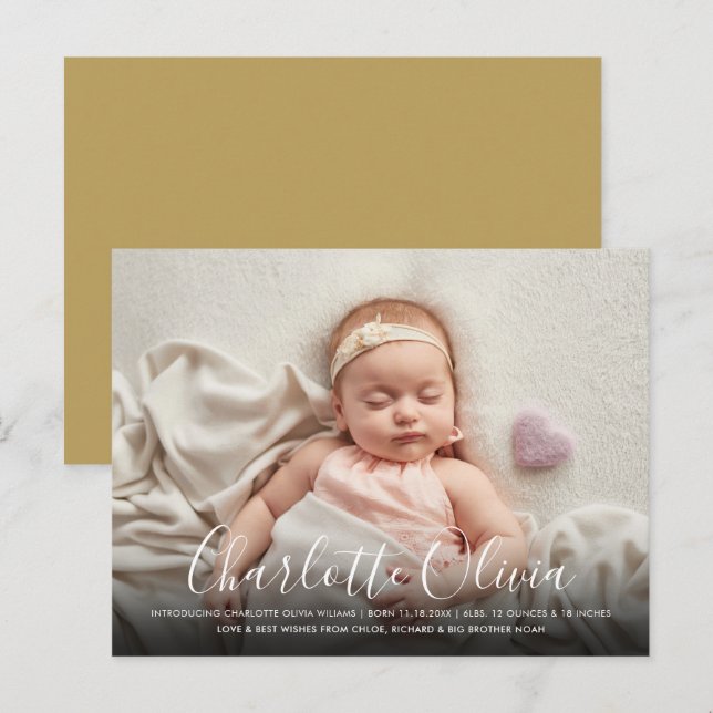 Elegant skriptnamn Baby foto födelse Meddelande Vykort (Fram/baksida)