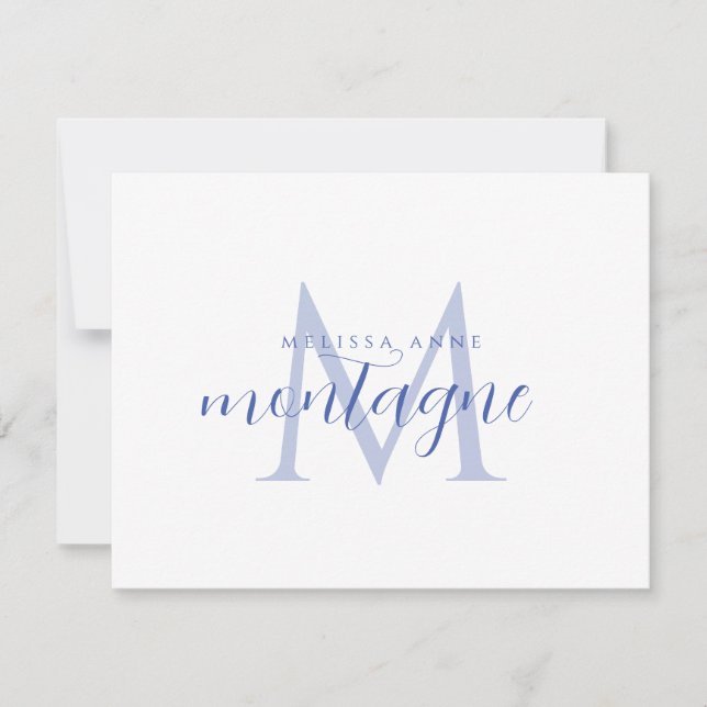 Elegant skriptnamn Blått monogram Platt brevkort Anteckningskort (Framsida)