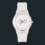 Elegant Skriptnamn Rosa Monogram Armbandsur<br><div class="desc">En rosa dammig rosa skriptnamnmonogramklocka,  med en modern skrifttyp och sans serif-typkontrast. Lägg till ditt första,  mellan- och efternamn,  med ditt efternamn i skript och din initial i en dämpad pastell,  med ditt för- och mellannamn överlagrat på din initial. En modern minimalistisk stil med ditt fullständiga namn.</div>