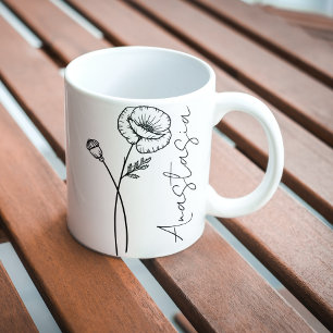Elegant skriptnamn Vallmo Augusti födelsedagsblomm Kaffemugg