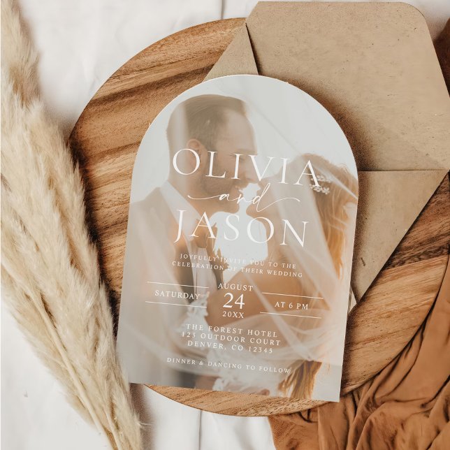 Elegant Skriptöverlägg med Arch Photo Bröllop Inbjudningar (Skapare uppladdad)