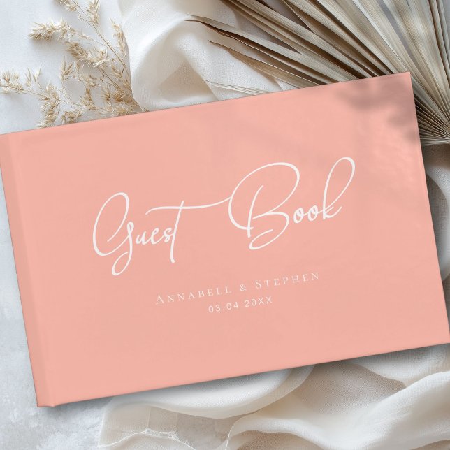Elegant, skriptteckensnitt, koral-persika, Bröllop Gästböcker (Elegant, Script Font, Coral-Peach, Wedding Guest Book)