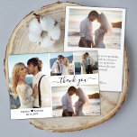 Elegant Skripttypografi 4 Photo Collage Bröllop Tack Kort<br><div class="desc">Modern minimal Elegant Script 4 Photo Collage Bröllop - tackkort. Snyggt bröllop tackar dig för att du har en kortmall med 4 (4) foto på framsidan och ett foto på baksidan. Med texten "Tack" i en snabb skrift med skrivstil med svan i svart färg på vit bakgrund. Ett litet kärlek...</div>