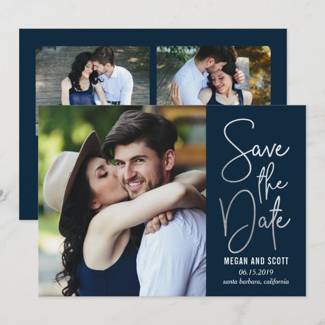 Elegant skrivning REDIGERBAR FÄRG Spara datum Silv Inbjudningar (Fram/baksida)