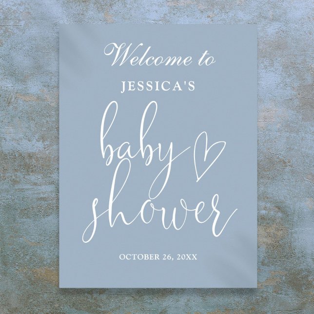 Elegant skrivstil dammig blå baby shower välkomsts poster (Elegant Script Dusty Blue Baby Shower Welcome Sign)