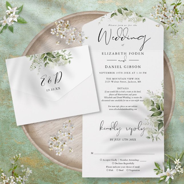 Elegant skrivstil Grönska Blommiga detaljer RSVP B (Chic Script Greenery Floral Details RSVP Wedding All In One Invitation)