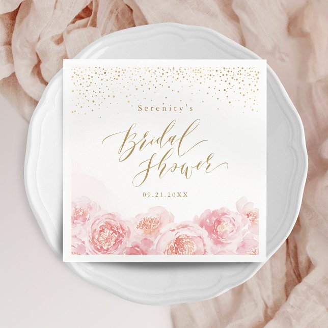 Elegant skrivstil guld- och rosafärgade blomsterbr pappersservett (Elegant script gold & blush floral bridal shower napkins)