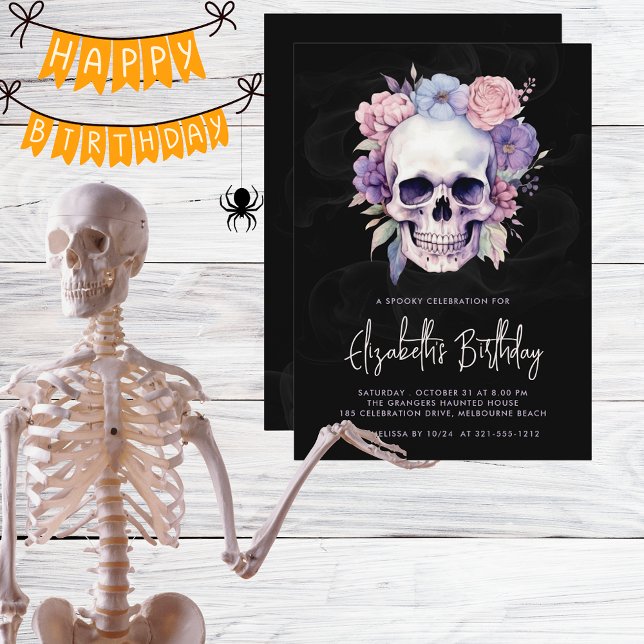 Elegant Skull & Blommigt Gothic Halloween Birthday Inbjudningar (Skapare uppladdad)