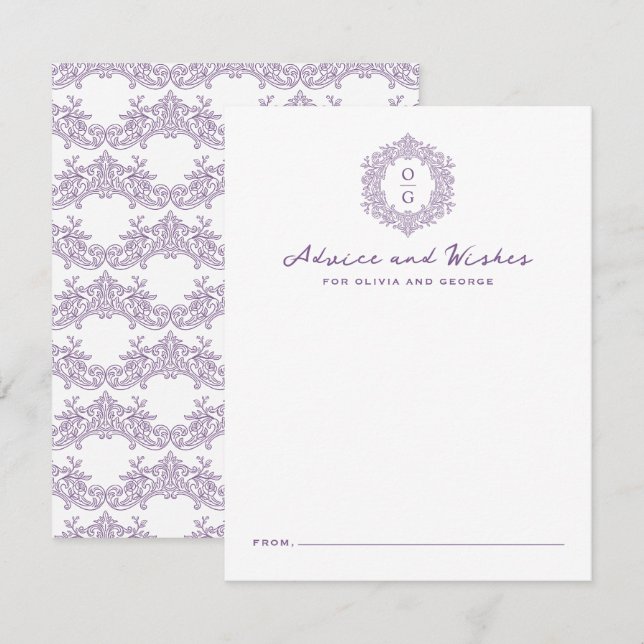 Elegant släktklenodskrönika lila bröllopsmonogram rådkort (Fram/baksida)