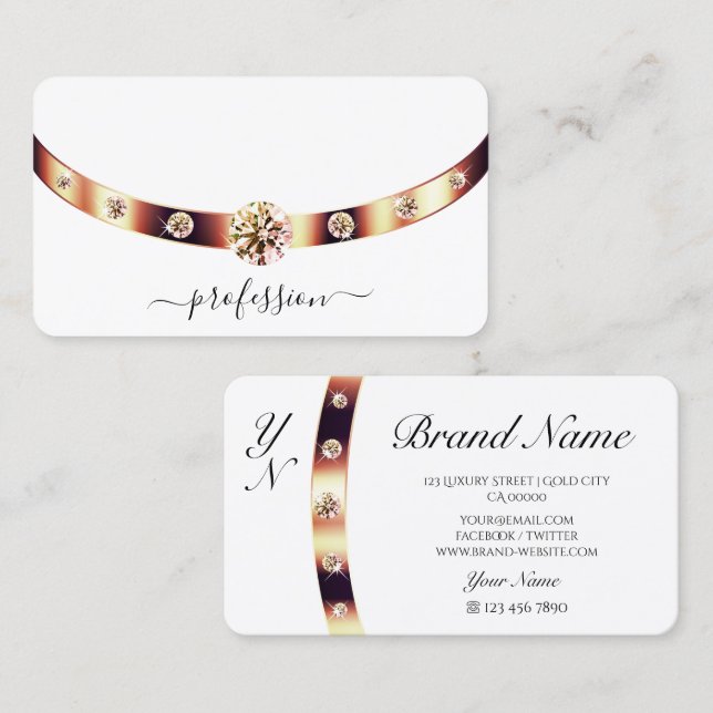 Elegant slät vit med roséguld dekoration monogram visitkort (Fram/baksida)