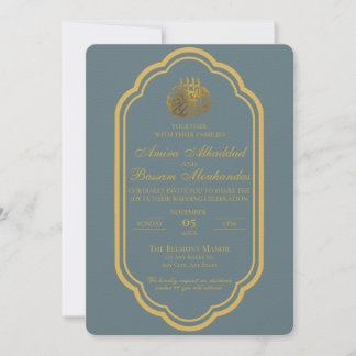 Elegant Slate Blue och Guld Islamiska Bröllop Inbjudningar