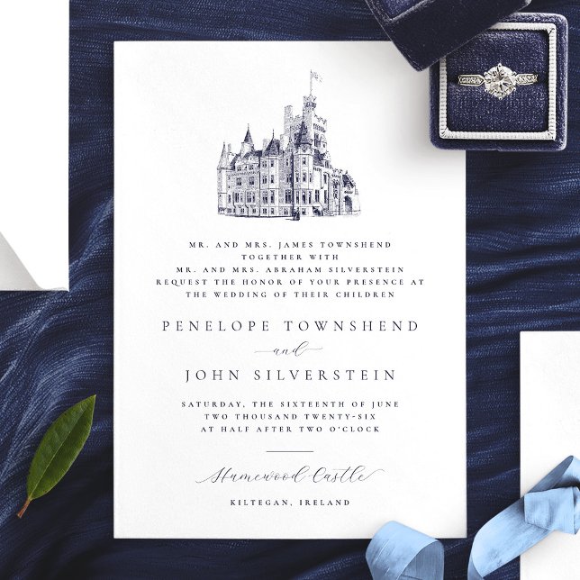 Elegant slott illustration Föräldrar är värd för b Inbjudningar (Elegant Castle Illustration Parents Host Wedding Invitation)