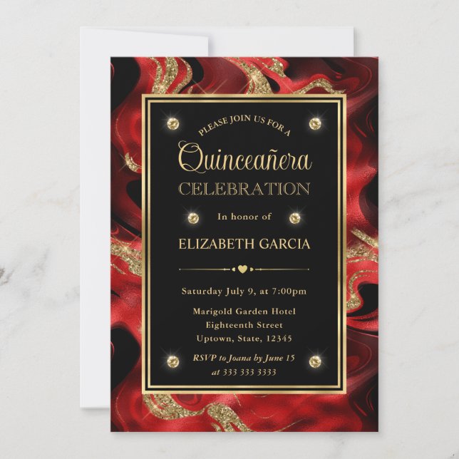 Elegant smält röd och guld glitter Quinceanera Inbjudningar (Framsida)