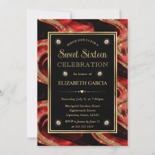 Elegant Smält Röd och Guld Glitter Sweet 16 Inbjudningar