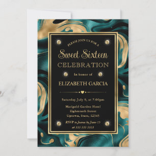 Elegant Smält Teal och Guld Glitter Sweet 16 Inbjudningar