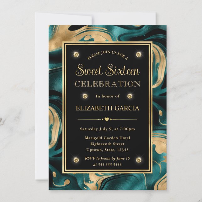 Elegant Smält Teal och Guld Glitter Sweet 16 Inbjudningar (Framsida)