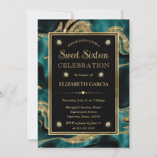 Elegant Smält Teal och Guld Glitter Sweet 16 Inbjudningar