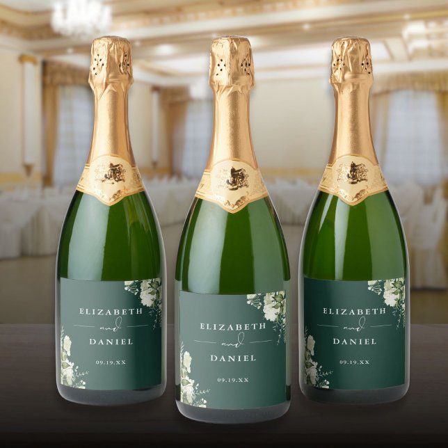 Elegant Smaragd Blommig Grönska Bröllop (Elegant Emerald Floral Greenery Wedding Sparkling Wine Label)