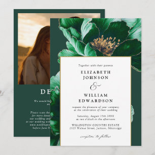 Elegant Smaragd Guld Blommig Foto QR-kod Bröllop Inbjudningar