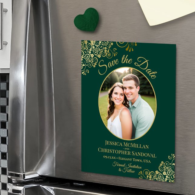 Elegant smaragd & guld bröllop Spara datum Foto Magnetisk Inbjudningskort (Magnetic Back for Easy Display!)