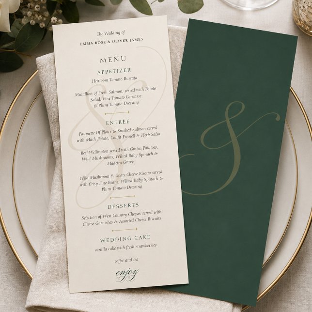 Elegant smaragd guldmonogram bröllopsmeny kort (Elegant Emerald Gold Monogram Wedding Menus Card)