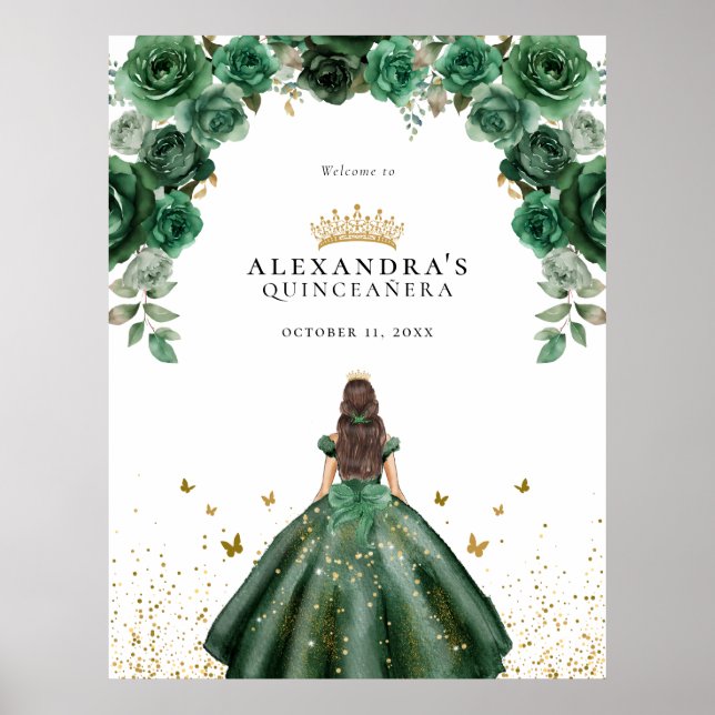 Elegant Smaragd Quinceañera Blommig Falsk Folie Poster (Framsidan)