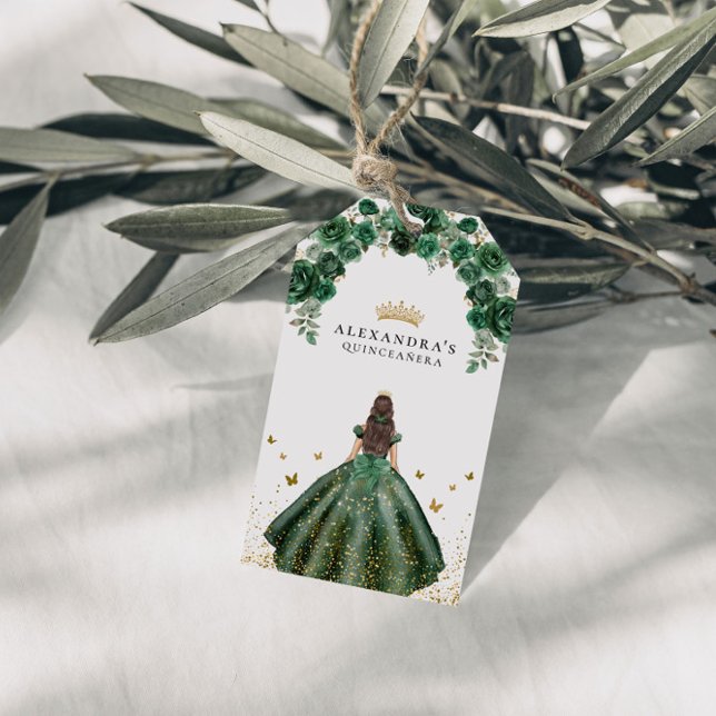 Elegant Smaragd Quinceañera Blommig Falsk Folie Presentetikett (Skapare uppladdad)