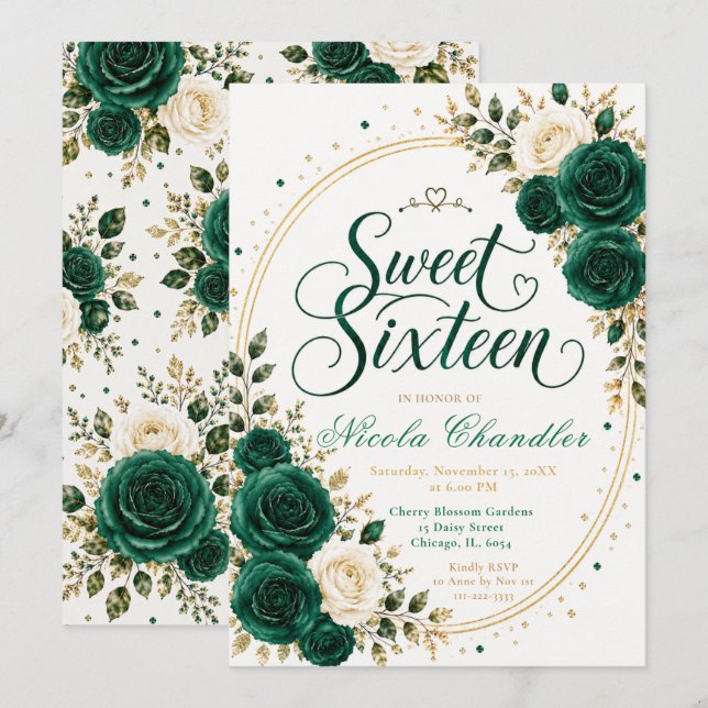 Elegant Smaragd Sweet 16 Inbjudningar (Fram/baksida)