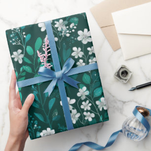 Elegant smaragdblad vit blommig mönster presentpapper