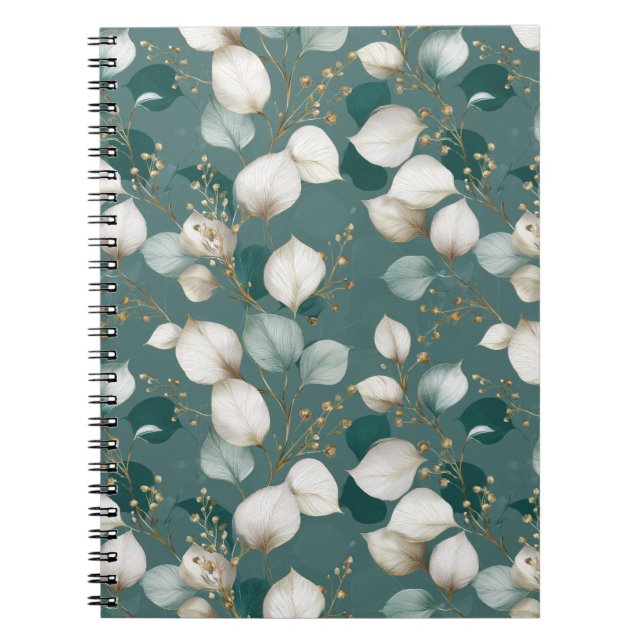 Elegant smaragdblad vit blommönster anteckningsbok (Framsidan)