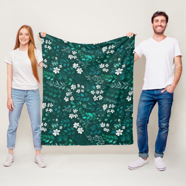 Elegant smaragdblad vit blommönster fleecefilt (På plats)
