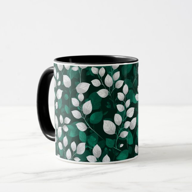 Elegant smaragdblad vit blommönster mugg (Framsida vänster)
