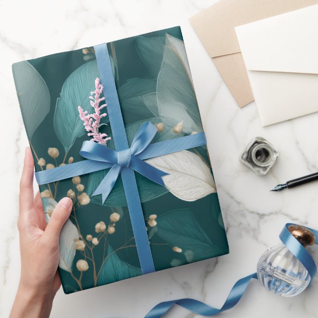 Elegant smaragdblad vit blommönster presentpapper (Gifting)
