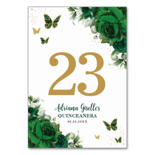 Elegant smaragdgrön blomster- och guldband med fjä bordsnummer