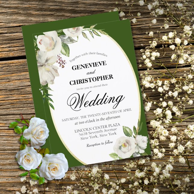 Elegant smaragdgrön blomster- och guldbröllop inbjudningar (Elegant Emerald Green Floral White Rose Wedding Invitation)