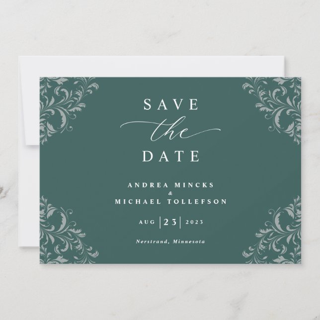 Elegant Smaragdgrön Bröllopsinbjudan Save The Date Spara Datumet (Framsida)