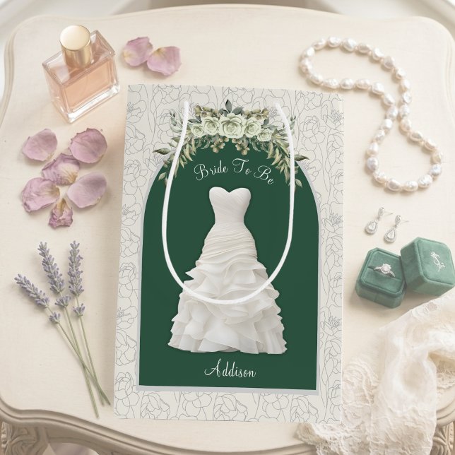 Elegant Smaragdgrön Brud Att Vara Medelstor Presen (Elegant emerald green Bride to Be gift bag personalized luxury wedding wrap with custom name)