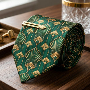 Elegant smaragdgrön & guld Art Deco-fläkt Slips