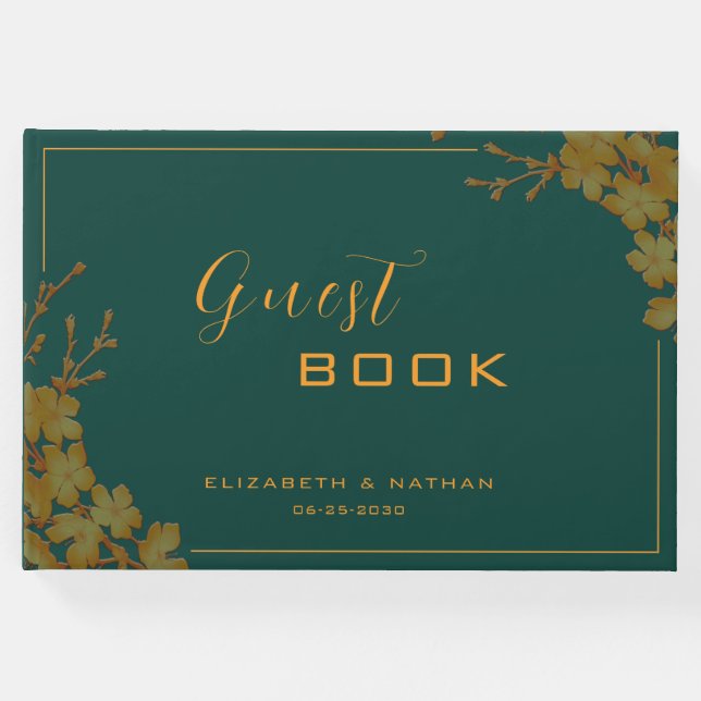 Elegant smaragdgrön & guld blomster gästbok (Framsida)