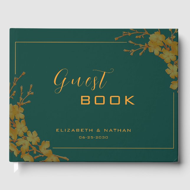 Elegant smaragdgrön & guld blomster gästbok (Framsida)