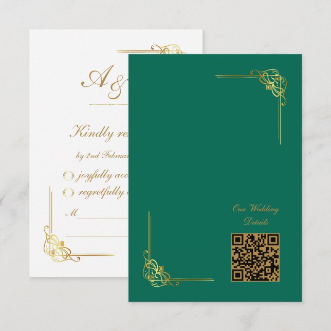 Elegant Smaragdgrön Guld Bröllopshändelse QR-kod OSA Kort (Fram/baksida)