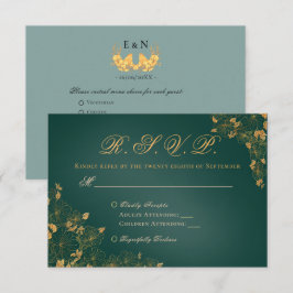 Elegant Smaragdgrön Guld Foliage Fåglar Initialer OSA Kort