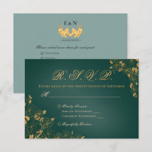 Elegant Smaragdgrön Guld Foliage Fåglar Initialer OSA Kort