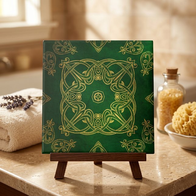 Elegant smaragdgrön guld keltisk knutmönsterdamask kakelplatta (Skapare uppladdad)