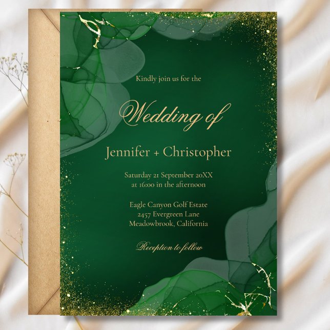 Elegant Smaragdgrön Guld Marmor Bröllop Inbjudningar (Elegant Emerald Green Gold Marble Wedding Invitation)