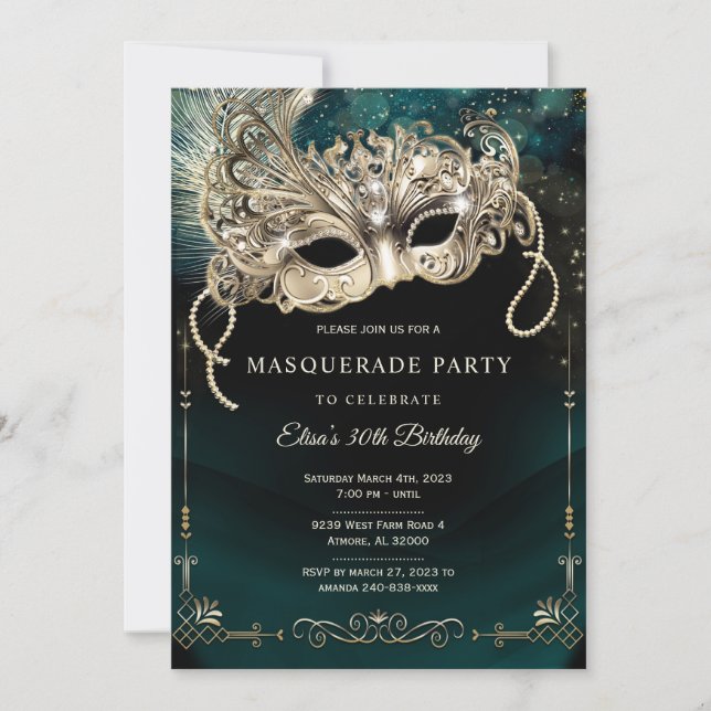 Elegant Smaragdgrön Guld Maskeradfest Inbjudningar (Framsida)