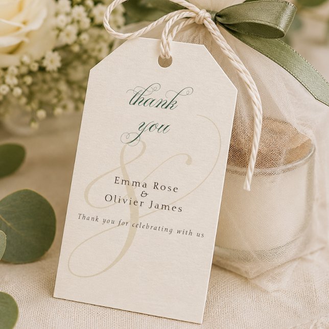 Elegant Smaragdgrön Guld Monogram Bröllopsfavor Presentetikett (Elegant Emerald Green Gold Monogram Wedding Favor Gift Tags)