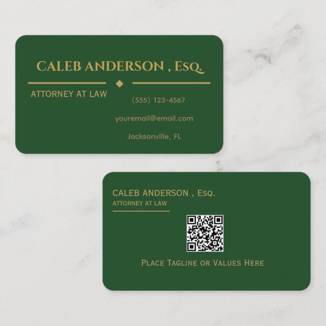 Elegant Smaragdgrön & Guld QR-kod Affärs Kort (Fram/baksida)